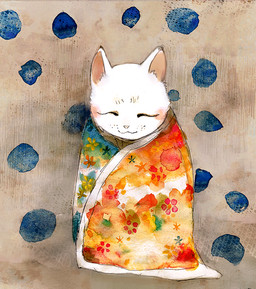 abstract_background ambiguous_anthro ambiguous_gender anthro eyes_closed floral_print front_view fur mouth_closed pink_inner_ear simple_background solo textured_background whisker_spots white_body white_fur hakugin domestic_cat felid feline felis mammal 2012 painting_(artwork) watercolor_(artwork)