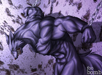 abs angry anthro bdsm biceps big_muscles blue_body blue_fur bondage bound brown_nose chain chained clenched_teeth cuff_(restraint) dungeon fangs fist fur growling hands_behind_back looking_down male muscular muscular_anthro muscular_male muscular_sub naturally_censored navel nipples nude pecs prisoner restrained restraints shackles sharp_teeth side_view slave solo submissive submissive_male tail teeth vein bomb_(artist) canid canine canis mammal wolf