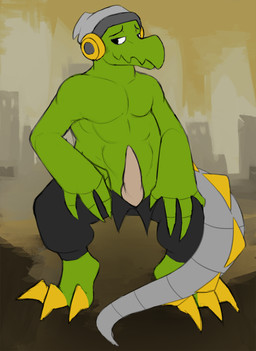 anthro clothing cybernetics electronics erection genitals hat headgear headphones headwear jacket machine male metal_tail penis presenting presenting_penis prosthetic solo tapering_penis topwear see-saw lethal_league latch crocodile crocodilian cyborg reptile scalie