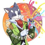 anthro ascot celebration clothed clothing coat confetti confetti_streamer eyes_closed gloves handwear male open_mouth solo text topwear harusuke log_horizon nyanta domestic_cat felid feline felis mammal 1:1 english_text