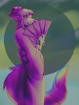 5_fingers anthro asian_clothing clothing dipstick_tail east_asian_clothing female fingers green_background hand_fan japanese_clothing markings purple_body simple_background solo tail tail_markings yukata pppanth miki_(pppanth) canid canine fox fox_spirit mammal 3:4 hi_res