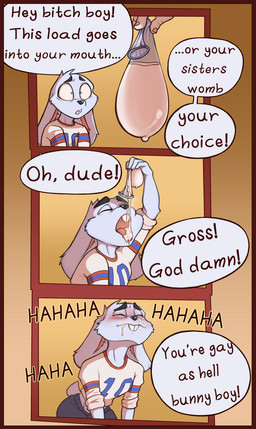 3_panel_comic anthro bent_over biped black_eyebrows black_nose blush bodily_fluids border bottomwear buckteeth clothed clothed_anthro clothed_male clothing condom cum cum_in_mouth cum_inside cum_on_face cum_on_tongue dialogue disembodied_hand drinking drinking_cum drinking_from_condom eyebrows eyes_closed filled_condom fingers fully_clothed fully_clothed_anthro fully_clothed_male fur genital_fluids holding_condom holding_object humiliation laugh male male/male male_anthro mostly_offscreen_character mouth_closed open_mouth pants red_border rolled_up_sleeves sexual_barrier_device shirt solo_focus speech_bubble swallowing tail teeth text tongue tongue_out topwear white_body white_fur wide_eyed necrothant theo_(necrothant) lagomorph leporid mammal rabbit comic digital_media_(artwork) english_description english_text hi_res