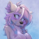 anthro areola blue_highlights blush breasts brown_eyes female fur glistening glistening_body glistening_breasts hair highlights_(coloring) looking_aside pink_areola pink_hair purple_body purple_fur solo teeveeomegas teevee_(teeveeomegas) mammal procyonid raccoon 1:1