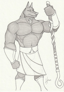 anthro armwear bottomwear clothed clothing empty_eyes front_view holding_object holding_staff legwear male male_anthro mouth_closed muscular muscular_anthro muscular_male navel neckwear pecs simple_background solo staff standing topless hufnaar canid canine mammal 2017 absurd_res dated hi_res monochrome