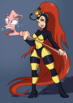 5_fingers antennae_(anatomy) asphyxiation biped bodily_fluids boots camel_toe choking clothed clothed_female clothed_humanoid clothing crown duo eyebrows eyelashes female female_humanoid feral fingers floating_eyebrows footwear fully_clothed fully_clothed_female fully_clothed_humanoid genital_outline hair headgear high_heeled_boots high_heels iris light_body light_skin lipstick long_hair looking_at_viewer makeup male midriff nipple_outline pattern_clothing ponytail pupils purple_eyes red_hair saliva shoes simple_background skinsuit standing stretching striped_clothing stripes tears thick_eyebrows tight_clothing tongue tongue_out vulva_outline zoobastik earthworm_jim_(series) earthworm_jim princess_what's-her-name animal_humanoid annelid arthropod arthropod_humanoid bee_humanoid earthworm humanoid hymenopteran hymenopteran_humanoid insect insect_humanoid worm digital_drawing_(artwork) digital_media_(artwork)
