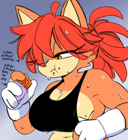 4_fingers anthro big_breasts black_bra black_clothing black_sports_bra black_underwear bodily_fluids bra breasts cleavage clothed clothing directional_arrow eating eyelashes eyelashes_through_hair female fingers gloves hair hair_over_eye handwear messy_hair muscular muscular_anthro muscular_arms muscular_female orange_eyes ponytail protein_bar red_hair side_boob simple_background solo sports_bra sweat sweatdrop text translucent translucent_hair underwear white_clothing white_gloves white_handwear quavernsfw sega sonic_the_hedgehog_(series) fan_character luana_the_cat domestic_cat felid feline felis mammal 2026 english_text hi_res