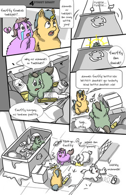 1_horn alcohol alcohol_bottle ambiguous_feral ambiguous_gender angry baby_talk beer beer_bottle beverage beverage_bottle bodily_fluids bottle chasing clanking container crying dialogue female female_feral feral fur green_body green_fur grey_hair grey_tail group hair happy horn neonate onomatopoeia pink_body pink_fur running sad sound_effects speech_bubble standing tail tears text trash_can yellow_body yellow_fur yellow_horn young young_ambiguous carpdime fluffy_pony ambient_arthropod ambient_fly ambient_insect fluffy_pony_(species) mammal comic digital_media_(artwork) english_text hi_res partially_colored shaded