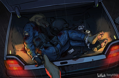 4_toes 5_fingers anthro armor barefoot blood bodily_fluids bound captured clothed clothing coma combat_gloves combat_helmet combat_vest cuff_(restraint) feet fingerless_gloves fingers fully_clothed gloves gun handcuffed handcuffs handgun hands_behind_back handwear headgear helmet id_card lying male metal_cuffs on_side pistol plantigrade ranged_weapon restraints solo toes weapon tonyhsq seb_yu canid canine canis domestic_dog mammal hi_res