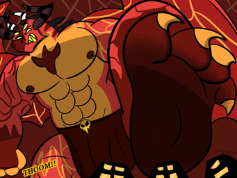 anthro bottomwear clothing feet loincloth macro male nipple_piercing nipples paws piercing furred_dragon_toons hellaverse helluva_boss mythology satan_(helluva_boss) dragon mythological_creature mythological_scalie scalie 4:3 hi_res