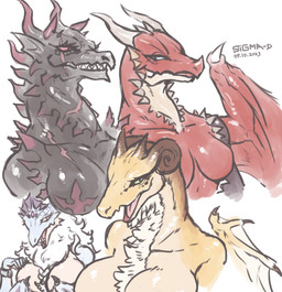 2_horns 4_horns anthro big_breasts black_body black_scales black_spikes black_text blue_body blue_scales blue_sclera blue_wings breast_scar breast_size_difference breasts brown_horn chest_tuft claws clenched_teeth collarbone crown cuff_(restraint) curled_horn eye_scar eyelashes facial_scar featureless_breasts female female_anthro fingers fluffy fur fur_tuft glistening glistening_body glistening_breasts glistening_eyes glistening_face glistening_horn glistening_scales glistening_tongue glistening_wings green_sclera grin group headgear horn huge_breasts long_eyelashes long_neck looking_at_another looking_at_viewer medium_breasts membrane_(anatomy) membranous_wings mouth_closed multi_horn multicolored_body multicolored_scales neck_scar neck_spikes neck_tuft no_irises non-mammal_breasts nude open_mouth open_smile pink_scar pink_sclera pink_tongue pupils red_body red_horn red_scales red_sclera red_wings restraints scales scar sharp_teeth simple_background smile smiling_at_viewer snout spikes spikes_(anatomy) tan_body tan_scales teeth text thick_eyelashes thick_neck tongue tuft white_background white_horn white_spikes wing_claws wings yellow_body yellow_scales yellow_wings sigma-d mythology dragon mythological_creature mythological_scalie scalie 2023 artist_name dated digital_drawing_(artwork) digital_media_(artwork) hi_res