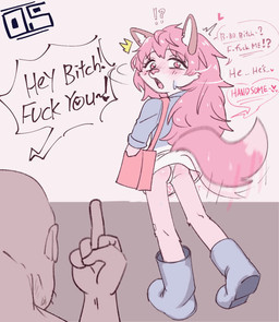 anthro anthro_focus bag bodily_fluids bottomwear butt clothed clothing dialogue duo faceless_character faceless_human faceless_male female female_focus fur gesture hair hand_gesture happy heart_after_text heart_reaction insult loli long_hair male middle_finger misunderstanding open_mouth pink_body pink_fur pink_hair simple_background skirt solo_focus speech_bubble surprised sweat tail tail_wiggle text topwear wiggle young young_anthro young_female oversleeper fur_(theterm) canid canine fox human mammal animated digital_media_(artwork) english_text