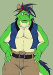anthro bandanna belly belt black_hair clawed_fingers clothed clothing eyebrows green_body green_scales hair hands_on_waist kerchief khaki_shorts male musclegut muscular open_clothing open_topwear open_vest pecs scales solo tail tail_hair tan_body tan_scales thick_eyebrows topwear vest hopelesshighschool morenatsu mythology tatsuki_(morenatsu) dragon eastern_dragon mythological_creature mythological_scalie scalie 2024 hi_res