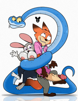 anthro big_breasts big_penis breasts butt clothing erection fangs female feral foreskin genitals group male male/female nipples penis teeth trio vein veiny_penis luanctoons disney zootopia gary_de'snake judy_hopps nick_wilde canid canine european_rabbit fox lagomorph leporid mammal oryctolagus pit_viper rabbit red_fox reptile scalie snake true_fox viper 2025 absurd_res digital_media_(artwork) hi_res