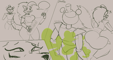 anthro bent_over big_butt bottomless breasts butt cleavage clothed clothing duo eye_roll fart fart_cloud fart_fetish farting_on_another female fur green_fart_cloud grey_background hair heart_symbol looking_at_another machine male male/female nervous raised_leg raised_tail relieved shaking sharp_teeth simple_background speech_bubble tail teeth thick_thighs bawko five_nights_at_freddy's five_nights_at_freddy's:_security_breach scottgames steel_wool_studios glamrock_freddy roxanne_wolf animatronic bear canid canine canis mammal robot wolf 2022 absurd_res comic digital_drawing_(artwork) digital_media_(artwork) hi_res monochrome signature sketch spot_color