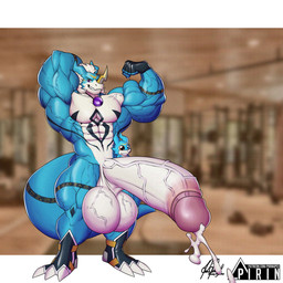 anthro balls biceps big_balls big_muscles big_penis blue_body bodily_fluids bulge claws clothing countershading cum cum_drip dripping flexing flexing_bicep foreskin genital_fluids genitals gloves hair half-erect hand_behind_head handwear horn huge_balls huge_muscles huge_penis hyper hyper_genitalia hyper_penis jewelry male markings muscular muscular_male nude pecs pendant penis photo_background retracted_foreskin solo standing swimwear tail text vein white_hair pirin-apex ponyanony bandai_namco digimon digimon_(species) exveemon 1:1 hi_res mixed_media photography_(artwork) signature url