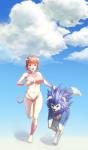 blue_body blue_fur breasts cleavage cleavage_cutout clothed clothing cloud cutout detailed_background duo female feral fur hair horn male monster_girl_(genre) open_mouth outside pink_hair red_eyes running short_hair sky skyscape spade_tail tail tkln monster_rancher tecmo canid canine canis demon mammal pixie_(monster_rancher) tiger_(monster_rancher) wolf hi_res