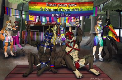 abs andromorph animal_mask anthro arm_over_shoulder ascot biceps bikini bikini_bottom bisexual_pride_colors black_body black_fur blue_body blue_scales bone_markings bottomwear bra brown_body brown_fur building bulge cape claws clothed clothing collar crop_top dog_tags duo female fense fingers flag forest fur group hair harness headgear heart_(marking) horn intersex jockstrap leggings legwear lesbian_pride_colors lgbt_pride male markings mask mastectomy_scar multicolored_body muscular muscular_anthro muscular_male nipples open_mouth orange_body orange_fur outside pants pecs plant polyamory_pride_colors pride_colors pup_mask scales scar shirt shorts sign smile stage swimwear tail teeth text tights tongue topless topwear transgender_pride_colors tree two-piece_swimsuit two_tone_body underwear yellow_body howlfeiwolf lgbt_pride_month kafele_(zaneth_wolfbane) lucky_(dc_bade) luka_(howlfeiwolf) american_bulldog aquatic bovid bovine bulldog canid canine canis cattle domestic_cat domestic_dog felid feline felis fish fox jackal lagomorph lemon_shark leporid lizard mammal mastiff molosser rabbit reptile requiem_shark scalie shark true_fox wolf digital_drawing_(artwork) digital_media_(artwork) english_text hi_res shaded trans_(lore) trans_man_(lore)