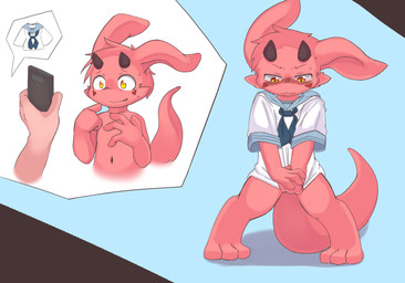 2_horns 3_toes 4_fingers anthro big_tail black_body blue_background blue_necktie blush blush_lines bodily_fluids bottomless bottomless_anthro bottomless_male clothed clothing covering covering_crotch cutaway disembodied_hand duo electronics embarrassed eyebrows facial_tuft feet fingers gesture hair hand_gesture horn kemono male markings narrowed_eyes necktie orange_eyes phone pink_body pink_ears pink_hair pink_tail pointing pointing_at_self red_markings sailor_uniform shocked simple_background standing tail tears toes topwear tuft uniform white_clothing white_topwear wide_eyed young young_anthro young_male riunamo mythology sling_(riunamo) dragon human mammal mythological_creature mythological_scalie scalie 2021 absurd_res hi_res multiple_scenes