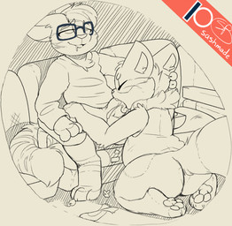 ambiguous_gender anthro bodily_fluids bottomless butt clothed clothing cum cum_in_mouth cum_inside duo eyewear feet fur genital_fluids genitals glasses hair hindpaw looking_pleasured male male/male male_penetrated male_penetrating male_penetrating_male open_mouth oral orgasm pawpads paws penetration penis sex simple_background sitting wariza backsash domestic_cat felid feline felis mammal 2019 digital_media_(artwork) hi_res sketch