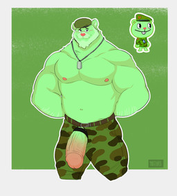accessory anthro arm_hair belt beret blush body_hair border bottomwear camo camo_bottomwear camo_clothing camo_pants camo_print clothing cock_ring dog_tags fur genitals green_background green_body green_clothing green_fur green_hat green_headwear grey_border hands_behind_back hat headgear headwear jewelry looking_at_viewer male muscular muscular_anthro muscular_male navel necklace nipples outline pants pattern_bottomwear pattern_clothing pattern_pants pecs penis penis_accessory penis_jewelry penis_poking_out penis_through_fly simple_background solo vein veiny_penis white_outline flufflecraft happy_tree_friends flippy_(htf) bear mammal absurd_res hi_res reference_image