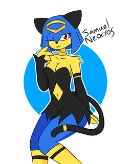anthro female red_eyes simple_background smile solo samuel-neocros palworld pocketpair felid mammal pal_(species) sekhmet_(pal)