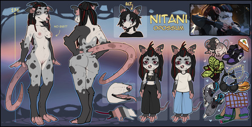 anthro areola biped black_border border bottomwear breasts butt claws clothed clothed_anthro clothed_female clothing countershade_torso countershading feet female fingers front_view fully_clothed fully_clothed_anthro fully_clothed_female fur genitals hair navel nipples nude nude_anthro nude_female rear_view smile solo spots standing tail teeth toes topwear vulva nitani nitani_(fursona) american_opossum mammal marsupial 2026 digital_drawing_(artwork) digital_media_(artwork) hi_res model_sheet