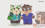 anthro blush electronics fur green_body green_fur group headphones headphones_around_neck male mascot_costume pawpads trio igarashi_ta lifewonders live_a_hero tokyo_afterschool_summoners jock_protagonist_(tas) mokdai moritaka_(tas) protagonist_(tas) canid canine canis domestic_dog human mammal