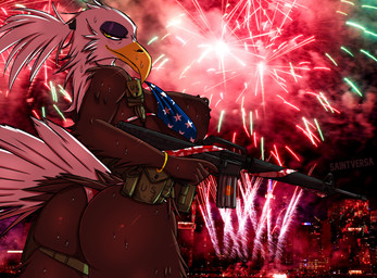 american_flag_bikini anthro beak big_breasts big_butt bikini bodily_fluids breasts butt clothed clothing eyeshadow female fireworks flag_bikini flag_swimwear holding_assault_rifle holidays makeup non-mammal_breasts purple_eyeshadow rear_view seductive side_boob skimpy solo sweat sweaty_breasts sweaty_butt swimwear two-piece_swimsuit saintversa 4th_of_july american_eagle accipitrid accipitriform avian bald_eagle bird eagle sea_eagle absurd_res hi_res
