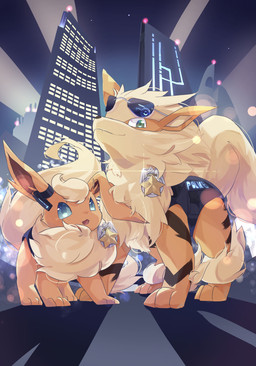black_body black_fur black_markings blonde_hair city duo eyewear fangs female feral floppy_ears fluffy fur glasses hair inner_ear_fluff lights long_ears male mane markings multicolored_body multicolored_fur night officer orange_body orange_fur police police_badge tan_inner_ear teeth tuft neveyk nintendo pokemon arcanine canid canine eeveelution flareon generation_1_pokemon mammal pokemon_(species) absurd_res hi_res