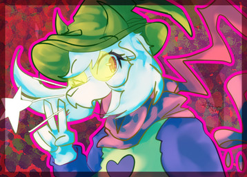 5_fingers anthro black_sleeves clothed clothed_anthro clothing eyewear fingers floppy_ears fully_clothed fully_clothed_anthro fur gesture glasses green_clothing green_hat green_headwear green_topwear hand_gesture hat headgear headwear heart_clothing heart_symbol lop_ears male open_mouth pink_scarf scarf solo topwear v_sign white_body white_fur wizard_hat cosmic_logem deltarune undertale_(series) ralsei bovid caprine goat mammal 2026 half-length_portrait hi_res portrait
