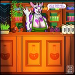 anthro bar big_breasts bottle breasts cleavage clothed clothing container gesture hooves huge_breasts hyper milk plant potion store waving foxinuhhbox bovid bovine cattle mammal hi_res