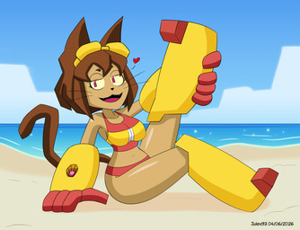 anthro beach bikini butt clothed clothing cloud female looking_at_viewer open_mouth outside pose sand sea sitting sky smile solo swimwear tail two-piece_swimsuit water julex93 gameoverse glitch_productions kit_bodega domestic_cat felid feline felis mammal absurd_res hi_res