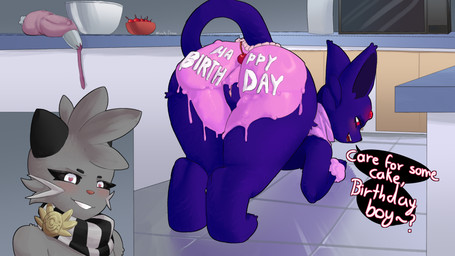 anthro birthday cake dessert dialogue duo female feral food food_fetish food_play genitals heart_eyes heart_symbol icing male male/female vulva kurotodraw nintendo pokemon mallory_(iampride) spade_lovelight dewott eeveelution espeon generation_2_pokemon generation_5_pokemon pokemon_(species) 16:9 4k absurd_res hi_res widescreen