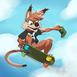 anthro bottomless bottomless_anthro bottomless_male clothed clothing controller crouching electronics feet fur game_controller hair holding_controller holding_game_controller holding_object holding_skateboard male open_mouth outside shirt shirt_only skateboard skateboarding sky solo tail toes topwear topwear_only vehicle xbox_controller jackofak microsoft xbox xbox_game_studios xinny_the_caracal caracal caracal_(genus) felid feline mammal 1:1 digital_media_(artwork) hi_res