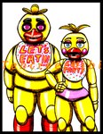 5_fingers anthro beak bent_arm bib black_eyebrows blue_eyes clothing duo eyebrows eyelashes female fingers hand_on_hip hand_on_own_hip larger_anthro larger_female light looking_at_viewer machine orange_beak panties pink_cheeks pink_clothing pink_eyelids pink_eyes pink_panties pink_underwear simple_background size_difference smaller_anthro smaller_female standing teeth text text_on_bib text_on_clothing thick_eyebrows toothed_beak underwear white_background white_bib yellow_body tehcreechibi five_nights_at_freddy's five_nights_at_freddy's_2 scottgames chica_(fnaf) toy_chica_(fnaf) animatronic avian bird chicken galliform gallus_(genus) phasianid robot 2015 artist_name colored colored_pencil_(artwork) english_description english_text lighting marker_(artwork) portrait shaded three-quarter_portrait traditional_media_(artwork)