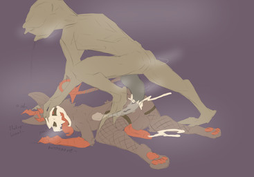 anal anal_penetration animal_genitalia animal_penis anthro balls big_penis bodily_fluids breath butt canine_genitalia canine_penis claws clothing cum cum_inside cum_while_penetrated drooling duo ejaculation erection fishnet_clothing fishnet_legwear fur genital_fluids genitals hand_on_head internal legwear lying male male/male male_penetrated male_penetrating male_penetrating_male moan musk nude on_front panting paws penetration penis penis_backwards saliva sex simple_background smile step_position tail tapering_penis text k4jayx stranger_things anon canid canine demogorgon demon mammal monster skulldog_(species) digital_media_(artwork) english_text hi_res