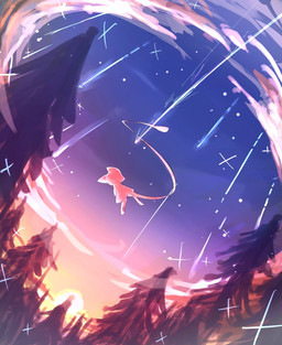 ambiguous_gender anthro evergreen_tree flying forest meteor_shower pawpads pine_tree pink_body plant sky solo sparkles star starry_sky sunset tail tree niko_4346 nintendo pokemon generation_1_pokemon legendary_pokemon mew_(pokemon) pokemon_(species) 2025 hi_res