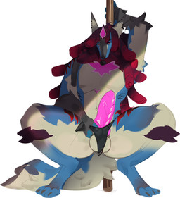 anthro balls blue_body blue_fur clothing crouching dreadlocks ear_piercing fur genital_piercing genitals hair hand_behind_own_head knot light_manipulation looking_at_viewer male male_stripper markings penis piercing pink_penis pole red_dreadlocks red_eyes red_hair red_markings ridged_knotted_penis ridged_penis scrotum_piercing solo spikes spikes_(anatomy) stripper_pole thong underbelly underwear ekagos nintendo pokemon ezekiel_(huf13) generation_6_pokemon mega_evolution mega_lucario pokemon_(species) absurd_res hi_res