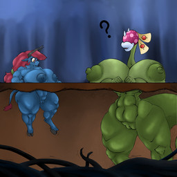 abs anthro big_breasts big_muscles blue_body breasts carnivorous_plant confusion duo eyewear female glasses glistening glistening_body glistening_skin green_body green_skin hair horn huge_breasts huge_muscles hyper hyper_breasts long_hair mane monster_girl_(genre) muscular pink_cap plant pointy_ears question_mark red_mane sharp_teeth teeth thick_thighs tongue tongue_out wide_hips yellow_eyes yaginoko mario_bros nintendo flora_noko_(yaginoko) bovid bovine elemental_creature elemental_humanoid flora_fauna humanoid mammal piranha_plant plant_humanoid 1:1 absurd_res hi_res