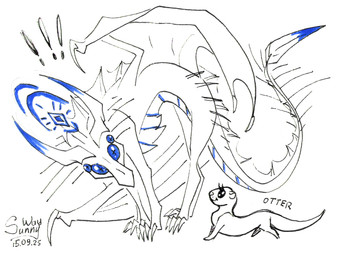 chibi duo glowing horn magic male omg scared scary skyren_aeternis spikes wings sunny_way european_mythology mythology celestial_dragon dragon mammal mustelid mythological_creature mythological_scalie otter scalie western_dragon hi_res sketch traditional_media_(artwork)