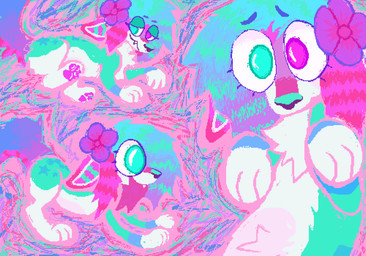 alternative_fashion blue_body blue_fur blue_hair bright_colors coontail_hair fangs female feral flower fur hair heterochromia pink_hair plant purple_flower scene_(fashion) scene_haircut smile solo sparklefur teeth toony white_body white_fur demensa canid canine canis domestic_dog mammal 2026 colorful_theme cool_colors digital_media_(artwork) hi_res pixel_(artwork)
