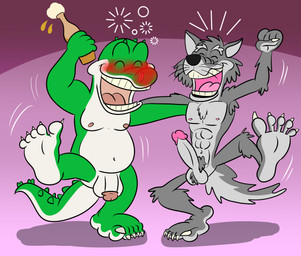 5_toes abs anthro bottle bubble claws container countershade_feet countershading drunk drunk_bubble duo erection eyes_closed feet flaccid fur genitals green_body grey_body grey_fur holding_object humanoid_feet humanoid_genitalia humanoid_penis male navel nipples nude one_foot_raised penis plantigrade slightly_chubby slightly_chubby_anthro slightly_chubby_male substance_intoxication toe_claws toes whiskers white_body jolly_the_lizard cregon walter_(cregon) alligator alligatorid canid canine canis crocodile crocodilian mammal reptile scalie wolf hi_res