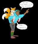 anthro black_background black_nose carrying_another clothed clothing duo footwear gesture hand_gesture male piggyback pointing simple_background text unknown_artist sega sonic_the_hedgehog_(series) miles_prower tyler_the_creator canid canine fox human mammal english_text hi_res