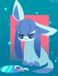 blue_background blue_body feral glistening leg_markings markings puddle reflection simple_background socks_(marking) solo water water_reflection hydrabb nintendo pokemon eeveelution generation_4_pokemon glaceon pokemon_(species) 2023 digital_media_(artwork)