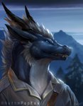 anthro blue_body blue_eyes clothed clothing fangs light male mountain outside plant sky solo teeth tree white_body rhythmpopfox mythology dragon mythological_creature mythological_scalie scalie 2019 bust_portrait hi_res lighting portrait signature