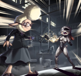 anthro clothed clothing controller cybernetics detailed_background duo eyewear female fur glasses grey_body grey_fur gun long_ears machine metallic_body missing_arm ranged_weapon remote_control short_tail tail weapon wool_(fur) nauyaco disney robocop_(franchise) zootopia dawn_bellwether judy_hopps bovid caprine cyborg lagomorph leporid mammal rabbit sheep crossover hi_res watermark