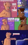 5:8 anthro bear bodily_fluids brown_body brown_fur comic dialogue digital_media_(artwork) domestic_cat english_text felid feline felis fur grey_body group hair heart_symbol hi_res hybrid juno_(sleepywozzy) klenn_(sleepywozzy) male male/male mammal matt_(sleepywozzy) mature_anthro mature_male nipples nude open_mouth overweight overweight_male piercing simple_background sleepywozzy smile text trio
