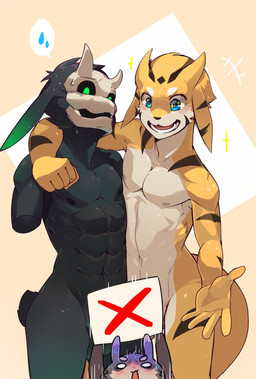abs abstract_background anthro arm_around_neck arm_around_shoulders athletic athletic_male balls barely_visible_balls barely_visible_genitalia barely_visible_penis black_body black_fur blue_eyes bodily_fluids bone bone_mask brown_stripes convenient_censorship countershading dipstick_ears duo_focus ear_markings ears_down fur genitals glistening glistening_eyes green_eyes group head_tuft horn hug kemono looking_at_viewer male male/male mask missing_arm multicolored_body multicolored_ears multicolored_fur navel nipples nude open_mouth pecs penis pivoted_ears shy sign skull skull_mask smile speech_bubble standing stripes sweat sweatdrop teeth tuft white_body white_countershading white_fur yellow_body yellow_fur mawarisaka3 ghost_(mawarisaka3) demon lagomorph leporid mammal rabbit censored hi_res pictographics