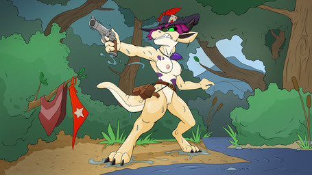 anthro belt breasts claws clothing female forest forest_background genitals green_eyes gun hair handgun hat headgear headwear holding_gun holding_object holding_ranged_weapon holding_weapon holster horn jewelry kerchief mostly_nude mostly_nude_anthro mostly_nude_female nature nature_background necklace nipples non-mammal_breasts non-mammal_nipples pendant pistol pistol_holster plant poncho purple_hair ranged_weapon river solo standing tail tan_body teeth tree vulva water weapon wet furfragged esmeralda_(runicknight) kobold lizard reptile scalie 16:9 digital_media_(artwork) hi_res widescreen