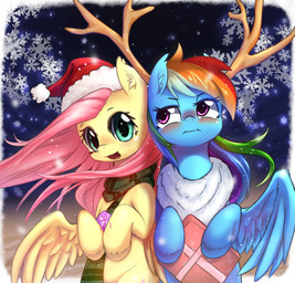 antlers blue_body blue_fur blue_wings blush border christmas_clothing christmas_headwear clothing cutie_mark duo eyebrows eyelashes female feral fur gift green_neckwear green_scarf hair hat headgear headwear holding_gift holding_object holidays hooves horn looking_at_viewer makeup mascara mostly_nude multicolored_hair neckwear open_mouth open_smile outside pattern_clothing pattern_scarf pink_hair pose purple_eyes rainbow_hair red_clothing red_hat red_headwear ribbons santa_hat scarf smile snow snowflake snowing standing striped_clothing striped_scarf stripes teal_eyes tongue white_border wings yellow_body yellow_fur yellow_wings aymint christmas friendship_is_magic hasbro my_little_pony mythology fluttershy_(mlp) rainbow_dash_(mlp) equid equine mammal mythological_creature mythological_equine pegasus 2014 portrait three-quarter_portrait